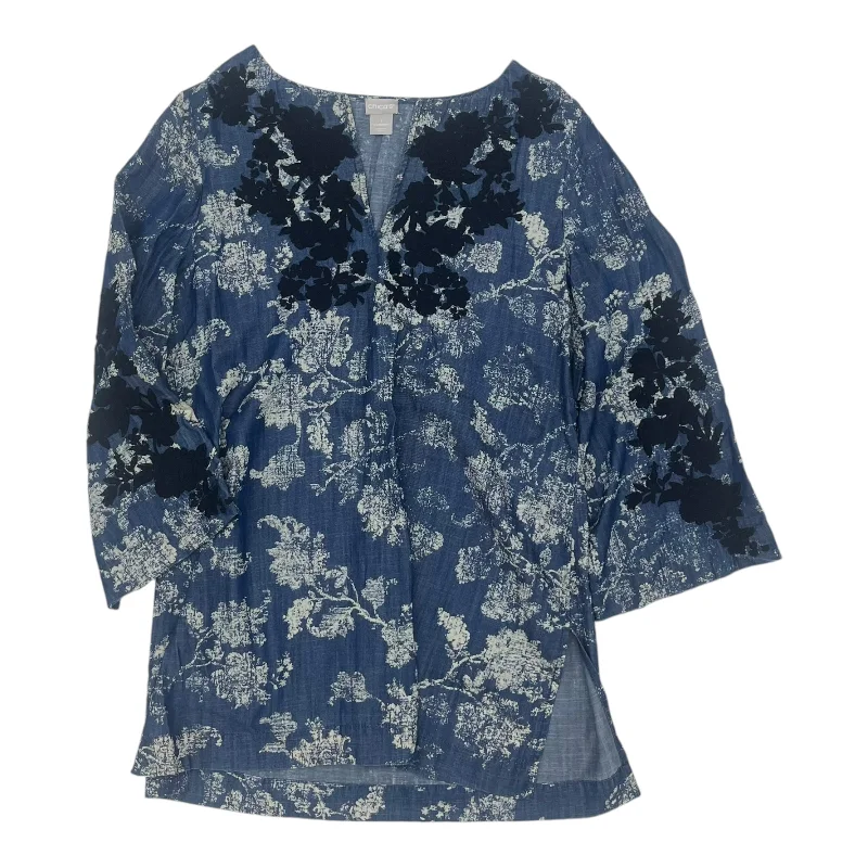 Stylish Outerwear Tunic 3/4 Sleeve By Chicos In Navy, Size:M
