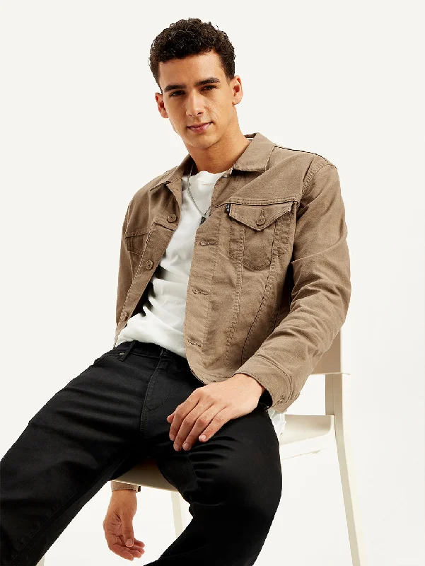 Relaxed T-shirts Men's Solid Light-Brown Spread Collar Trucker Jacket