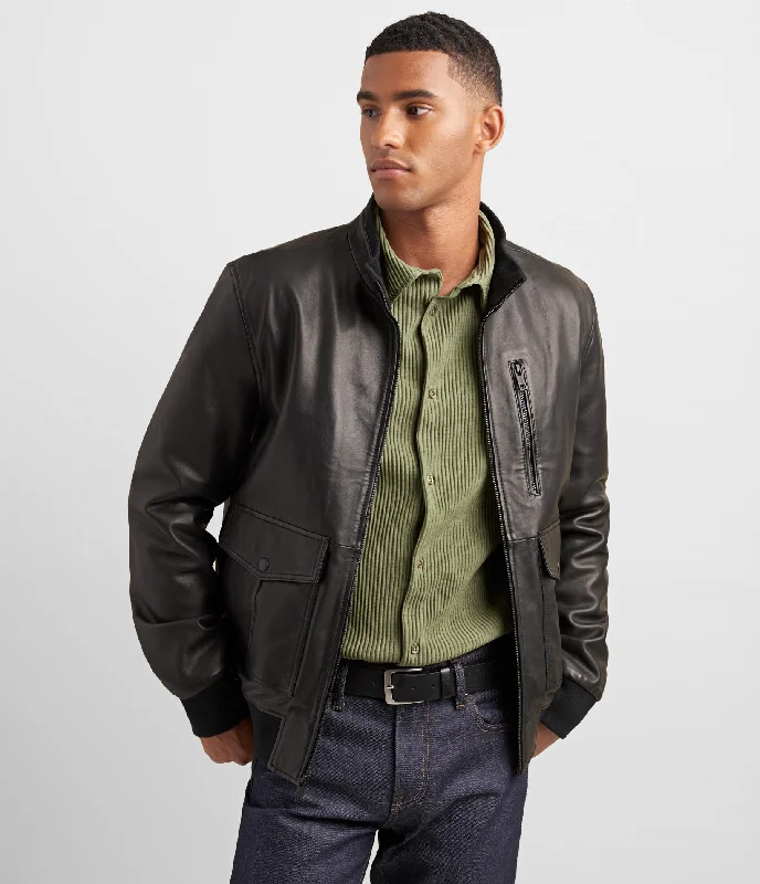 Warm Outerwear Lamb Bomber Jacket With Rib Knit
