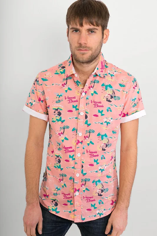 Casual Footwear Pink Hawaii Aloha Print Cotton Slim Fit Mens Shirt Short Sleeve