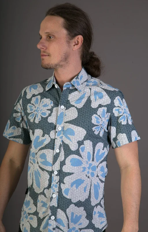 Urban Tops Big Floral Blue Aloha Print Cotton Slim and Regular Fit Mens Shirt Short Sleeve
