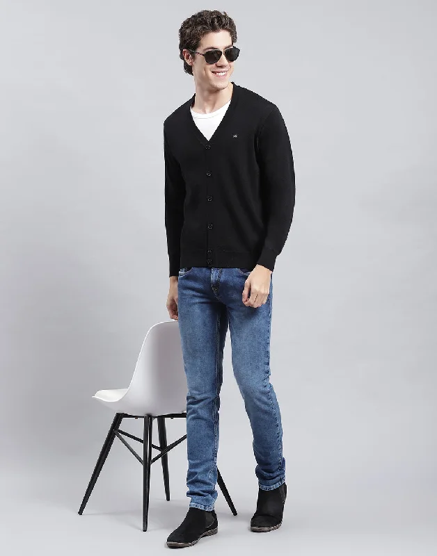 Smart Jeans Men Black Solid V Neck Full Sleeve Cardigan