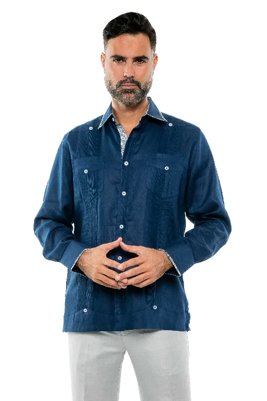 Comfortable Footwear Mojito Men's 100% Linen Guayabera Shirt Long Sleeve Print Trim Accent
