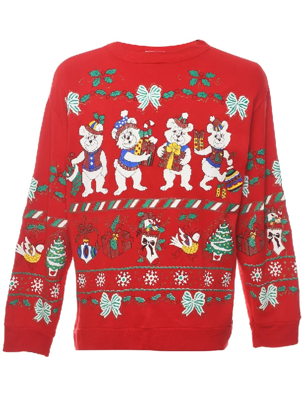 Casual Layers Red Teddy Bear Design Christmas Sweatshirt - L